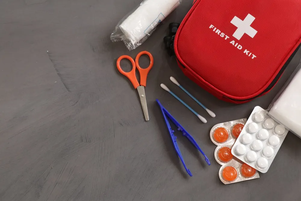 Trauma and first-aid supplies laid out